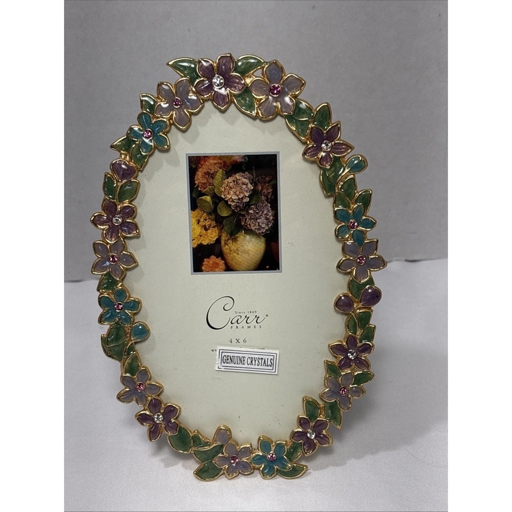 Vtg Carr Purple And Green Enamel & Genuine Crystal Oval Photo Picture Frame 7"